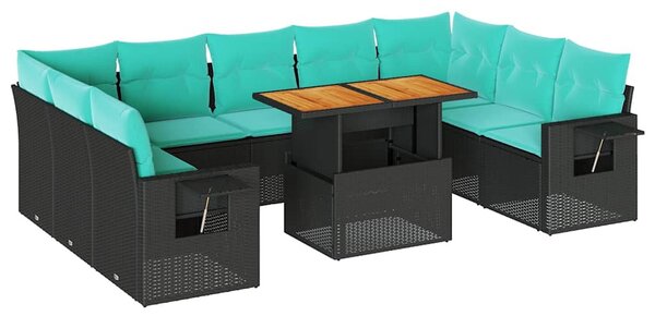 10 részes fekete polyrattan kerti ülőgarnitúra párnákkal