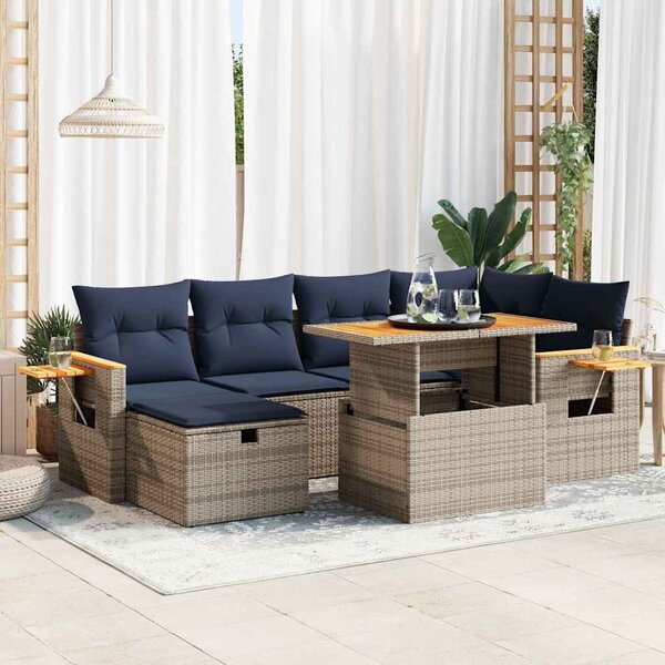 7 részes szürke polyrattan akácfa kerti ülőgarnitúra párnával