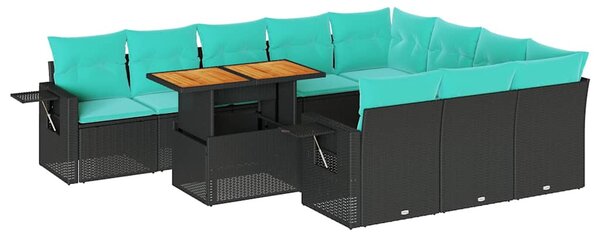11 részes fekete polyrattan kerti ülőgarnitúra párnákkal