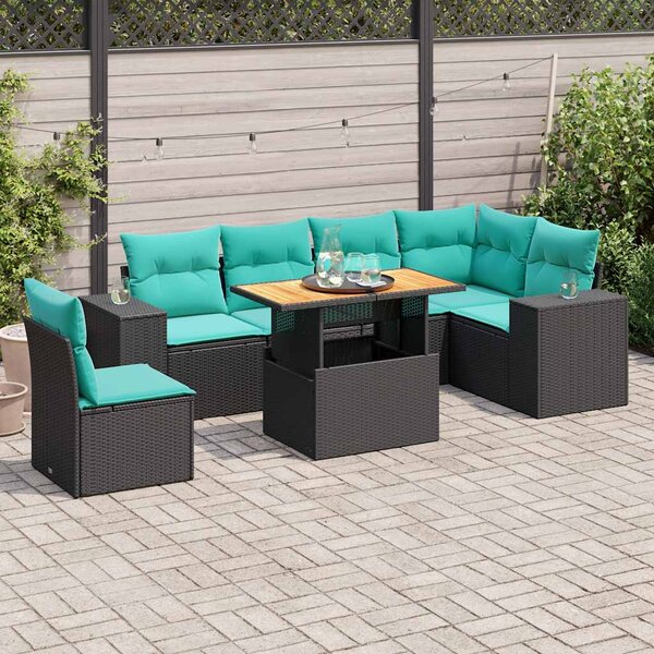 7 részes fekete polyrattan kerti ülőgarnitúra párnával