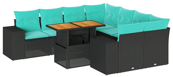 9 részes fekete polyrattan kerti ülőgarnitúra párnákkal
