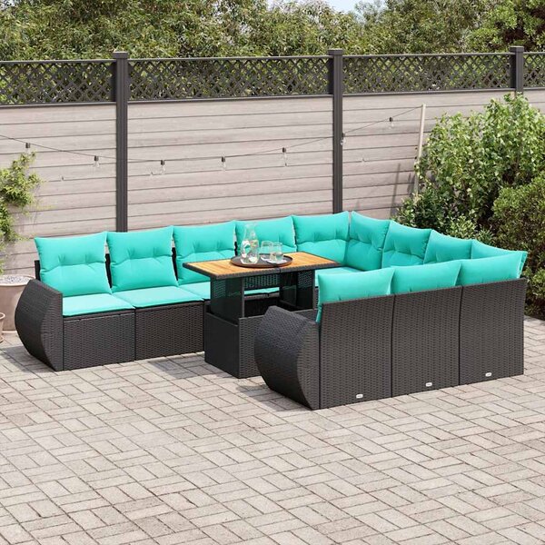 11 részes fekete polyrattan kerti ülőgarnitúra párnákkal