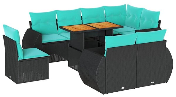 9 részes fekete polyrattan kerti ülőgarnitúra párnákkal