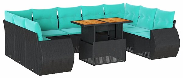 10 részes fekete polyrattan kerti ülőgarnitúra párnákkal