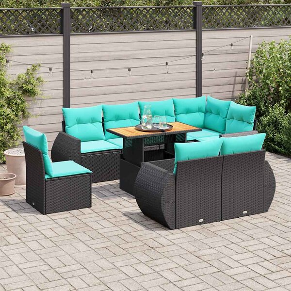 9 részes fekete polyrattan kerti ülőgarnitúra párnákkal