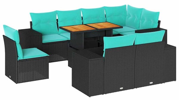 9 részes fekete polyrattan kerti ülőgarnitúra párnákkal