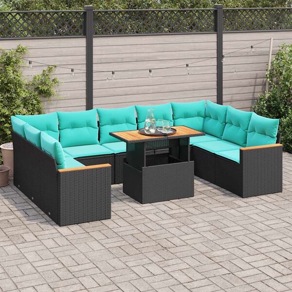 10 részes fekete polyrattan kerti ülőgarnitúra párnákkal