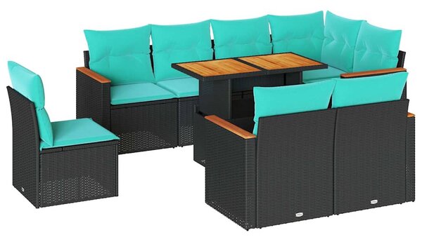 9 részes fekete polyrattan kerti ülőgarnitúra párnákkal