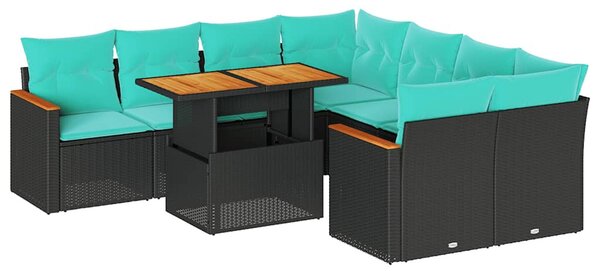 9 részes fekete polyrattan kerti ülőgarnitúra párnákkal