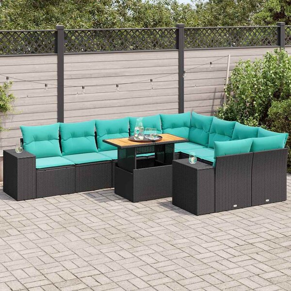 10 részes fekete polyrattan kerti ülőgarnitúra párnákkal