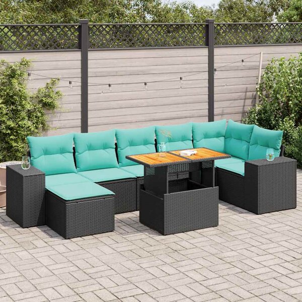 8 részes fekete polyrattan kerti ülőgarnitúra párnákkal