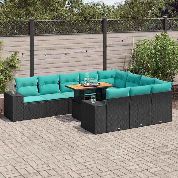 11 részes fekete polyrattan kerti ülőgarnitúra párnákkal