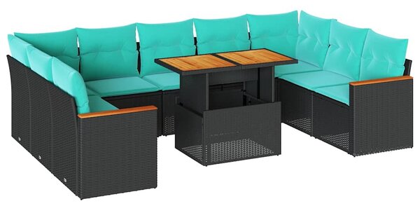 10 részes fekete polyrattan kerti ülőgarnitúra párnákkal