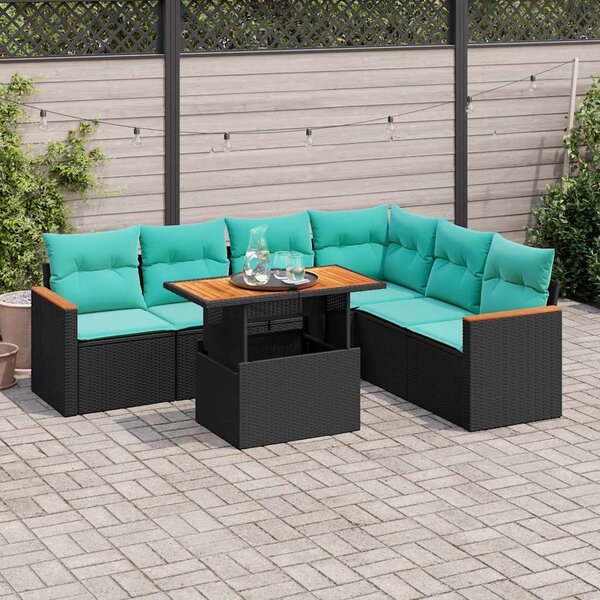 7 részes fekete polyrattan kerti ülőgarnitúra párnával