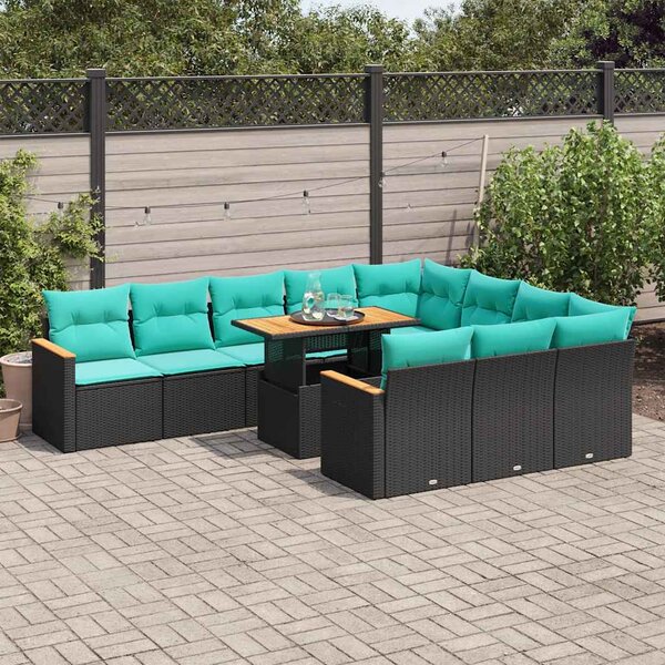 11 részes fekete polyrattan kerti ülőgarnitúra párnákkal