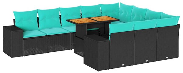 11 részes fekete polyrattan kerti ülőgarnitúra párnákkal