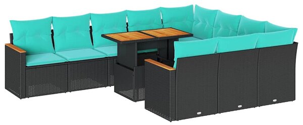 11 részes fekete polyrattan kerti ülőgarnitúra párnákkal