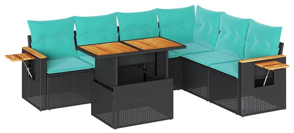 7 részes fekete polyrattan akácfa kerti ülőgarnitúra párnával