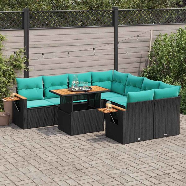 9 részes fekete polyrattan kerti ülőgarnitúra párnákkal