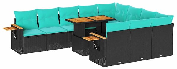 11 részes fekete polyrattan akácfa kerti ülőgarnitúra párnákkal
