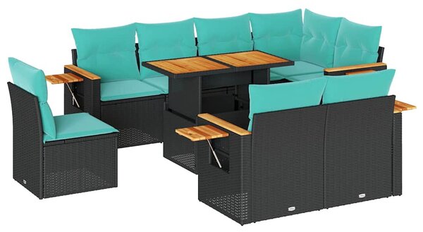 9 részes fekete polyrattan akácfa kerti ülőgarnitúra párnákkal