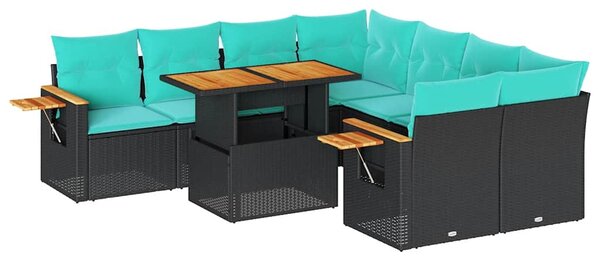9 részes fekete polyrattan kerti ülőgarnitúra párnákkal