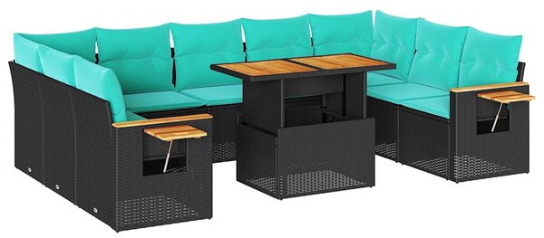 10 részes fekete polyrattan akácfa kerti ülőgarnitúra párnákkal