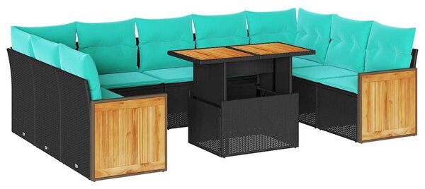 10 részes fekete polyrattan akácfa kerti ülőgarnitúra párnákkal