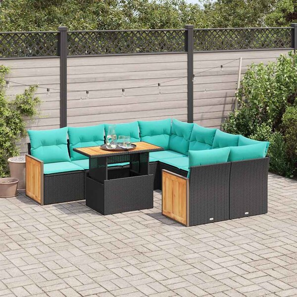 9 részes fekete polyrattan akácfa kerti ülőgarnitúra párnákkal