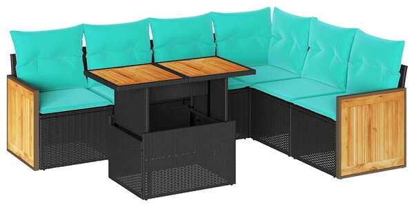 7 részes fekete polyrattan akácfa kerti ülőgarnitúra párnával