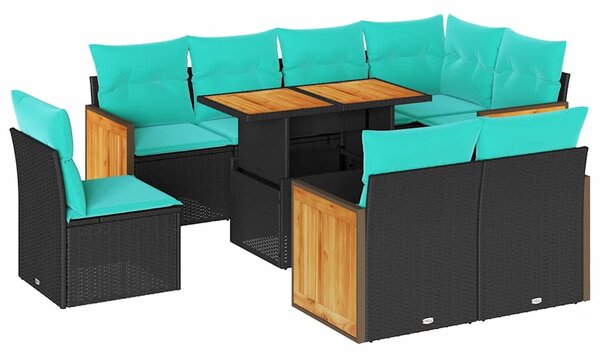 9 részes fekete polyrattan akácfa kerti ülőgarnitúra párnákkal