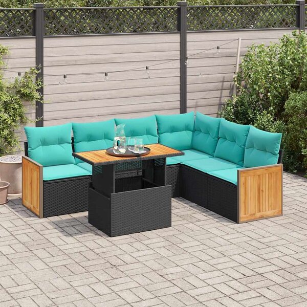 7 részes fekete polyrattan akácfa kerti ülőgarnitúra párnával