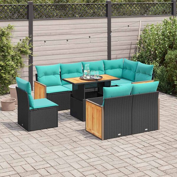 9 részes fekete polyrattan akácfa kerti ülőgarnitúra párnákkal