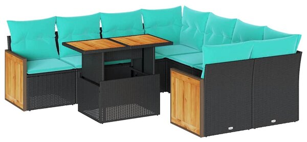 9 részes fekete polyrattan akácfa kerti ülőgarnitúra párnákkal