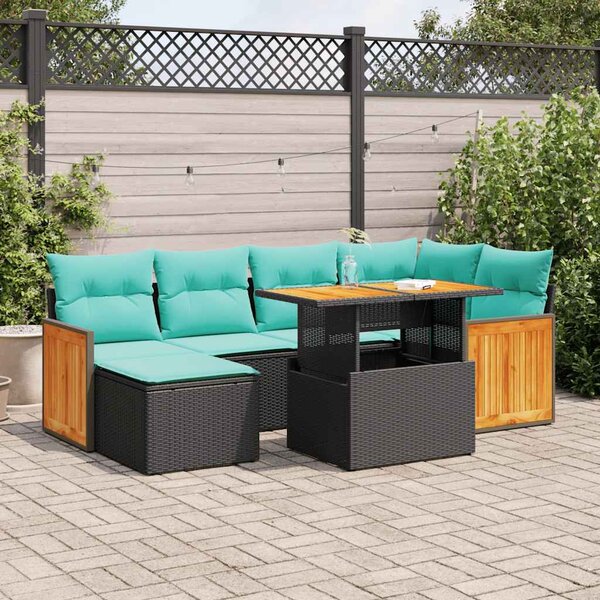 7 részes barna polyrattan akácfa kerti ülőgarnitúra párnákkal