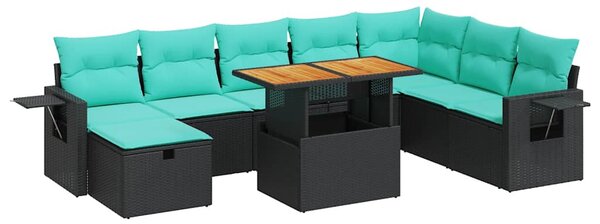9 részes fekete polyrattan akácfa kerti ülőgarnitúra párnákkal