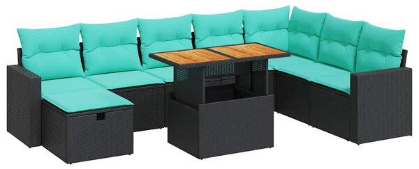 9 részes fekete polyrattan akácfa kerti ülőgarnitúra párnákkal