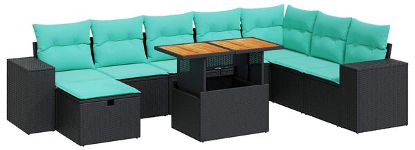 9 részes fekete polyrattan akácfa kerti ülőgarnitúra párnákkal