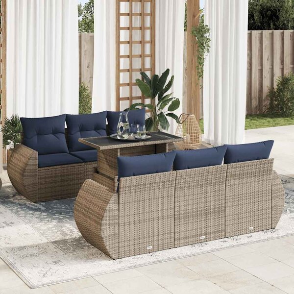 7 részes szürke polyrattan akácfa kerti ülőgarnitúra párnákkal