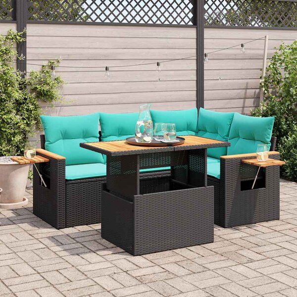 5 részes fekete polyrattan akácfa kerti kanapészett párnákkal
