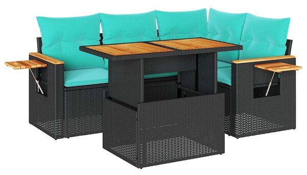 5 részes fekete polyrattan akácfa kerti kanapészett párnákkal