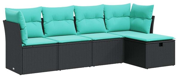 5 részes fekete polyrattan kerti kanapészett párnákkal