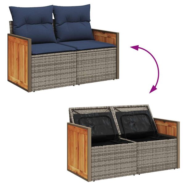5 részes szürke polyrattan akácfa kerti ülőgarnitúra párnákkal
