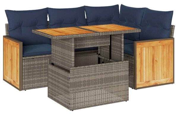 5 részes szürke polyrattan akácfa kerti ülőgarnitúra párnákkal