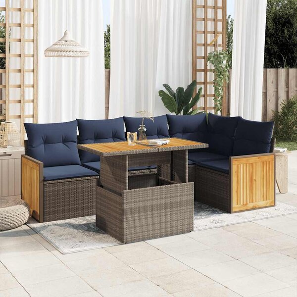 6 részes szürke polyrattan akácfa kerti ülőgarnitúra párnákkal