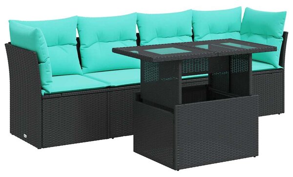 5 részes fekete polyrattan akácfa kerti kanapészett párnákkal