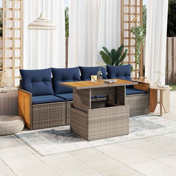 5 részes szürke polyrattan akácfa kerti ülőgarnitúra párnákkal