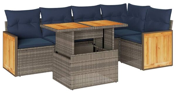 6 részes szürke polyrattan akácfa kerti ülőgarnitúra párnákkal