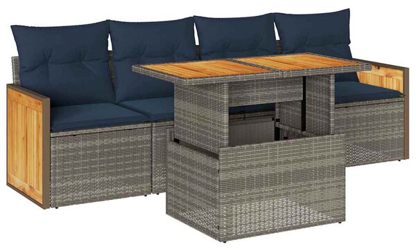 5 részes szürke polyrattan akácfa kerti ülőgarnitúra párnákkal