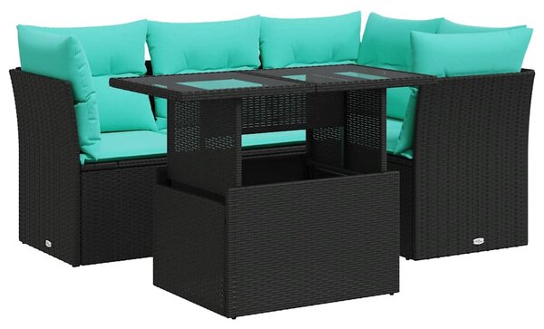 5 részes fekete polyrattan akácfa kerti kanapészett párnákkal